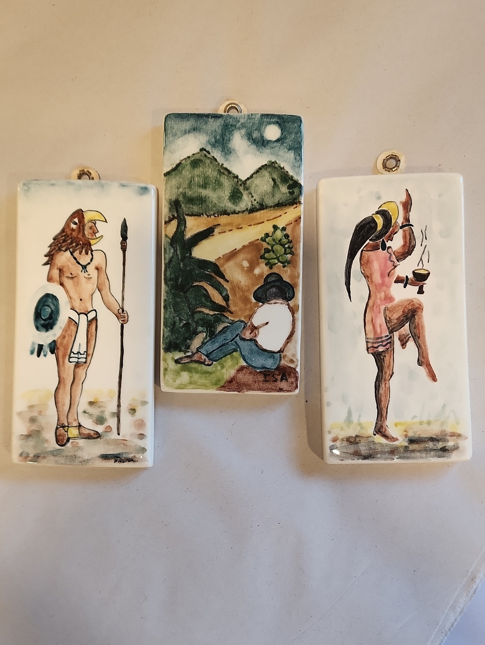 Felix Tisso Taxco Ceramics Tiles Set Of 3 Hand Painted Collectible Mexican Art